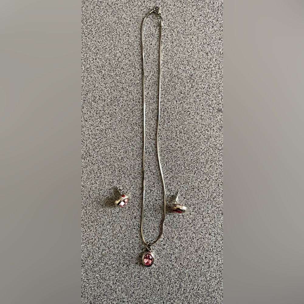 Vintage Pink Crystal Zirconia Silver Necklace & Earring Set
